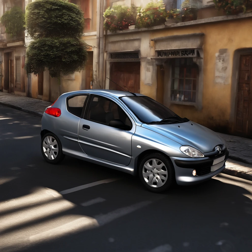 Crie um carro estilo Peugeot 206 na cor prata e uma moto estilo Yamaha Lander 250 2008 estilo pixar a moto e o carro deve estar dentro de uma favela escrito paraisopolis ne um outdoor