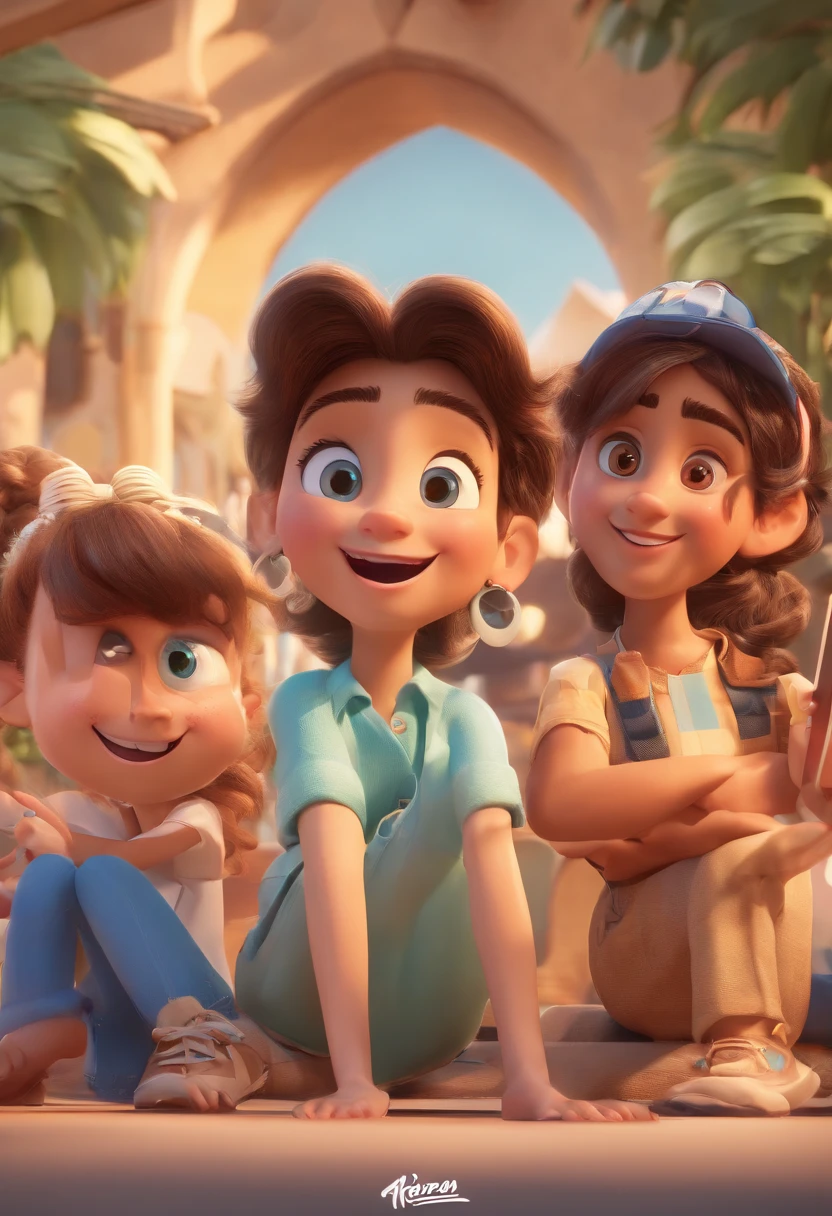 Cartoon of friends having fun on vacation together, 3D Animation Movie Poster, Poster de filme animado, pixar 3 d animation style, pixar renderman rendering, maia 8 mil, animated film, Disney Pixar Estilo 3D, amigos felizes saem juntos, all wearing light blue shirts and cream brown long pants, camisa azul clara, cream brown pants, ao ar livre, vacation, Disney Pixar Animation Poster