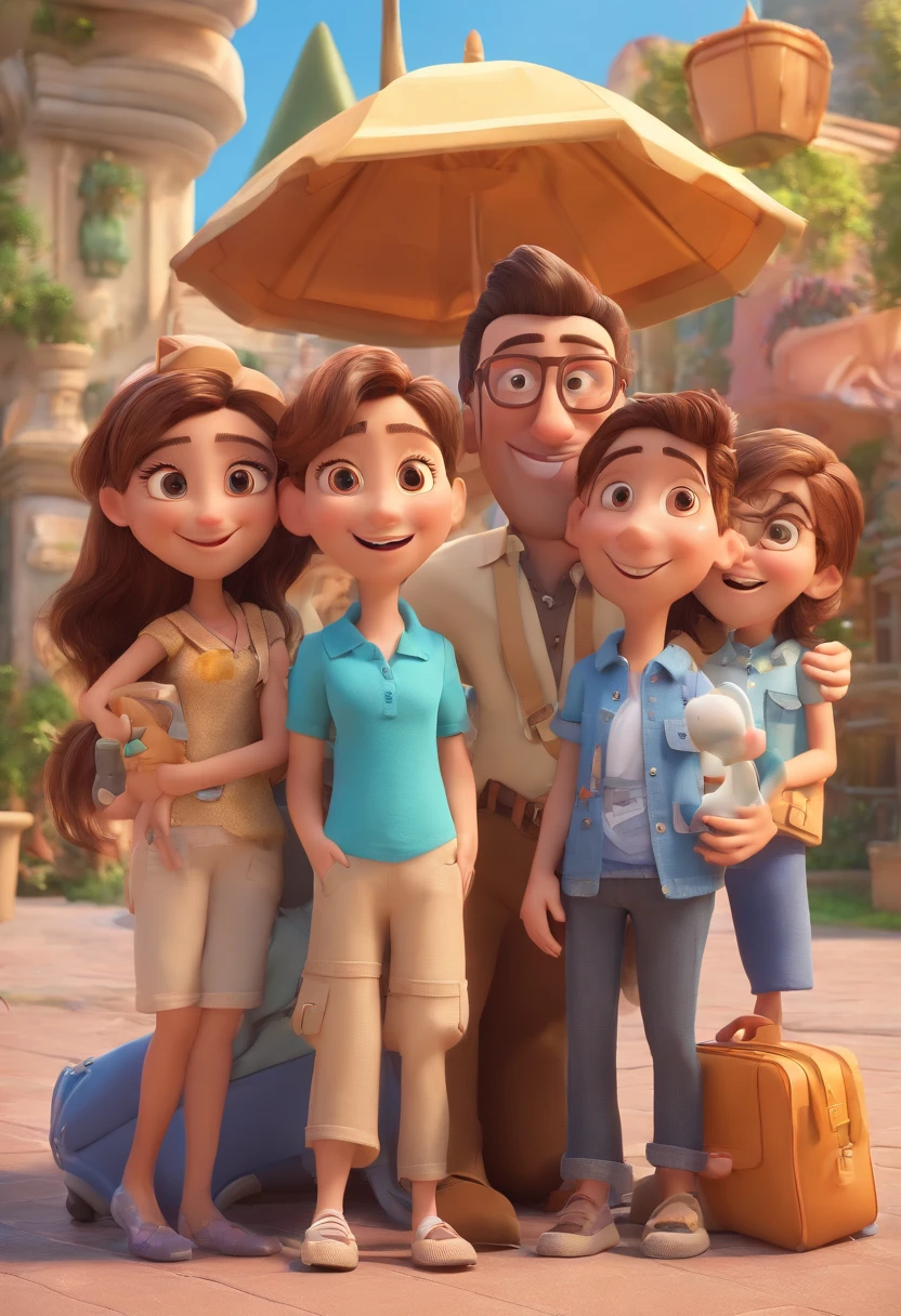 Cartoon of friends having fun on vacation together,  3D Animation Movie Poster, Poster de filme animado, pixar 3 d animation style, pixar renderman rendering, maia 8 mil, animated film, Disney Pixar Estilo 3D, amigos felizes saem juntos, all wearing light blue shirts and cream brown long pants, camisa azul clara, cream brown pants, ao ar livre, vacation, Disney Pixar Animation Poster