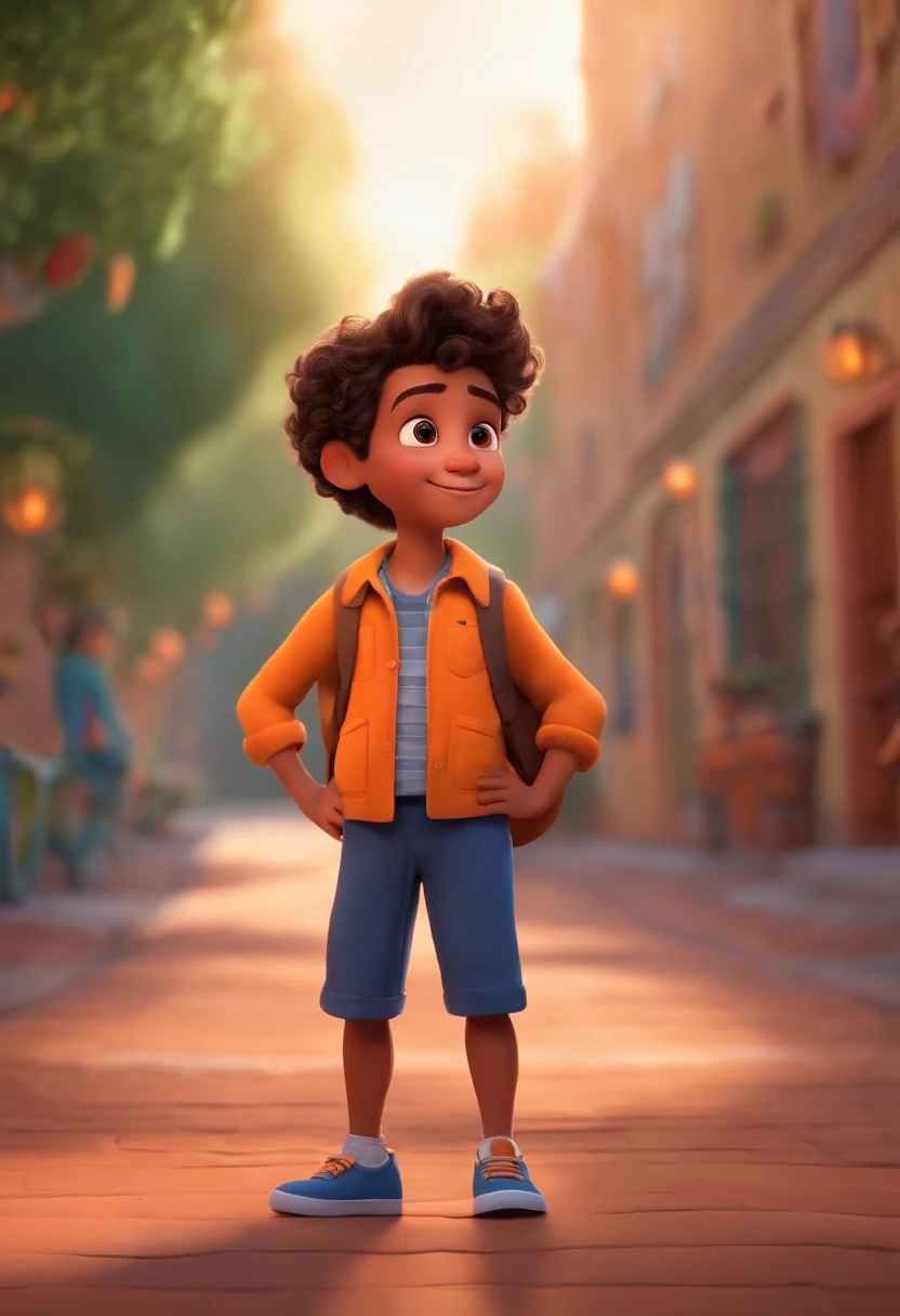 Um filme inspirado na Disney Pixar (MENINO BRANCO JOVEM COM CABELO LONGO CACHEADO PRETO) He's walking down a street in a slum in The scene being in the distinctive art of the PIXAR style, descolada e estilosa
