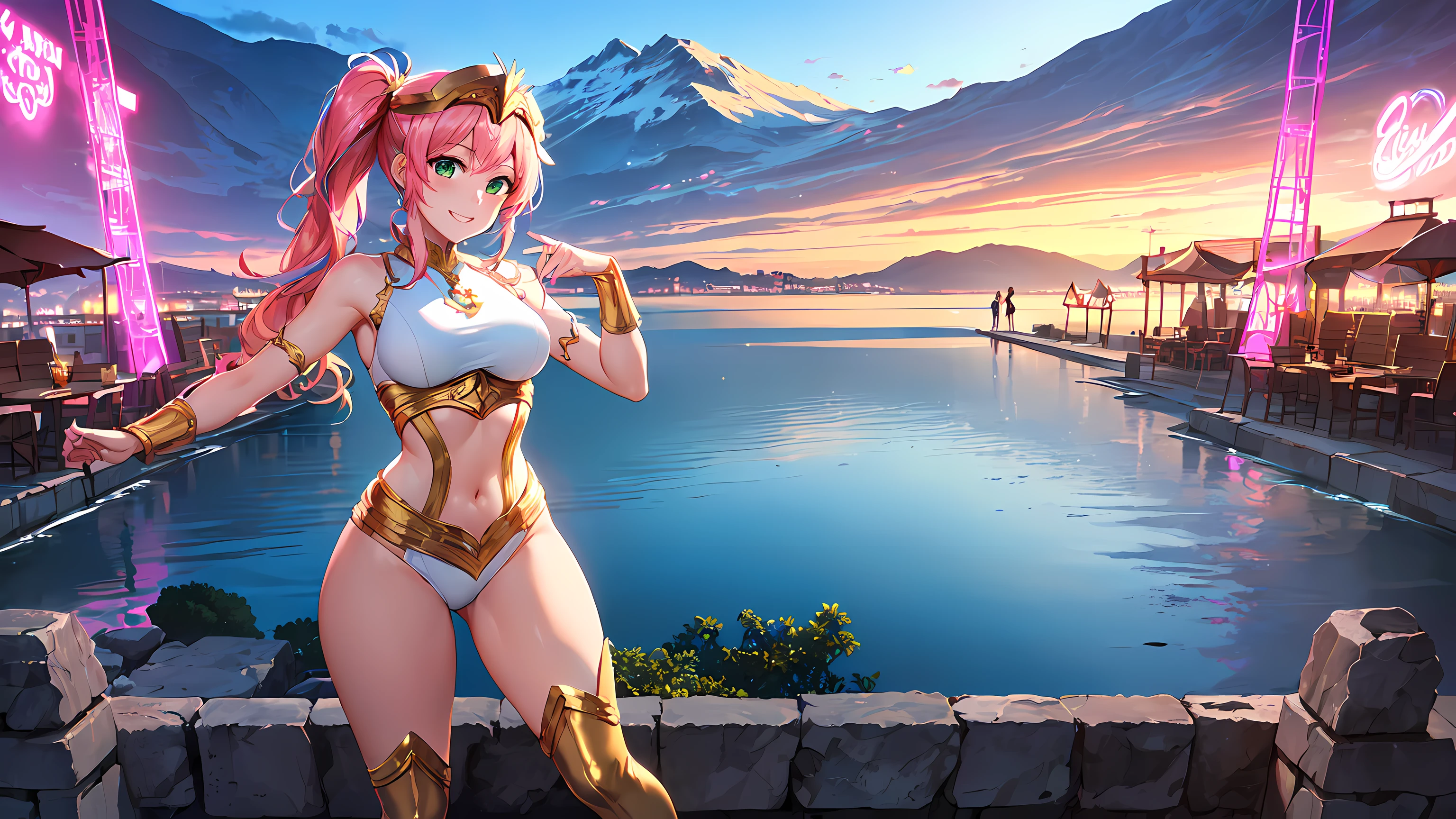 masterpiece, 8k, ultra detailed, 1girl ((20year old, dressed in a tight Olympian goddess outfit, tight white top, gold high heel boots, medium breasts, multicolor pink hair, twin ponytails:1.1, perfect model body, green eyes:1.5, flirting, happy, big smile, cosplay as the Greek Goddess Athena:1.3, Mount Olympus in the background, exotic and exciting atmosphere:1.2)) ((solo:1.6))