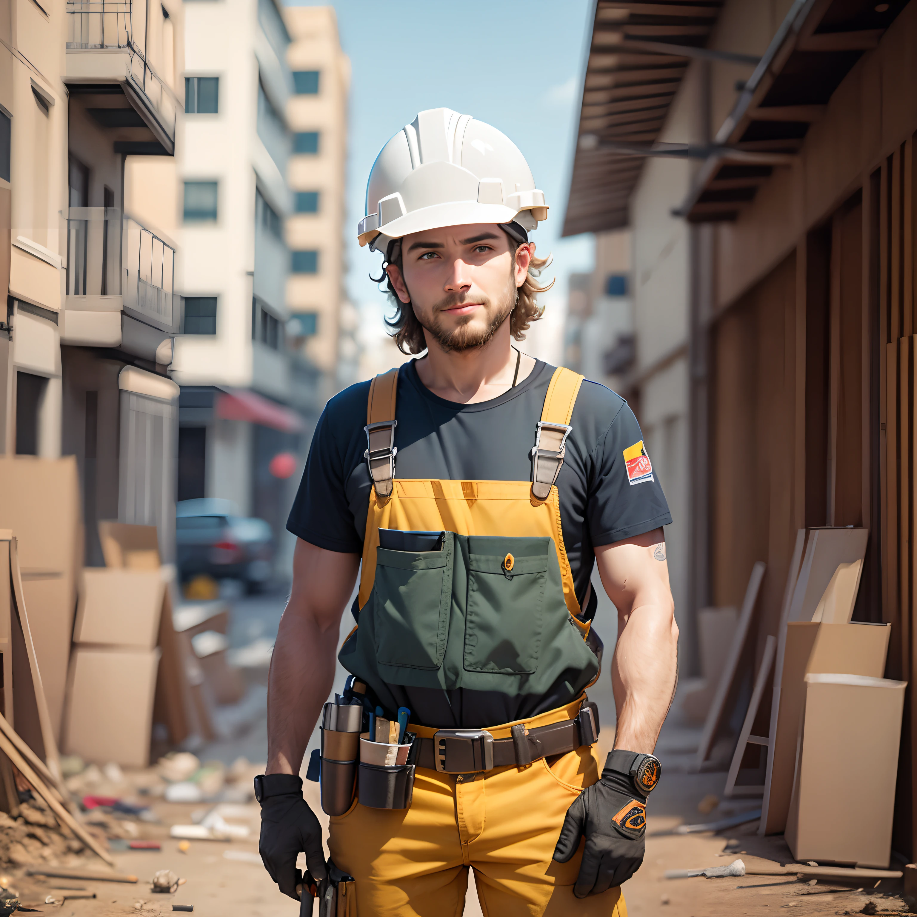 Man dressed as a construction worker looking forward, Equipped with a helmet and tool belt, Engaged in construction activities, Conveying a sense of camaraderie, Lovely and approachable character, Authentic and recognizable construction attire, Safe and responsible display of protective equipment, Busy and productive work on the construction site, Cooperative interactions with other workers,  Warm and inviting environment, Front photo to engage viewers