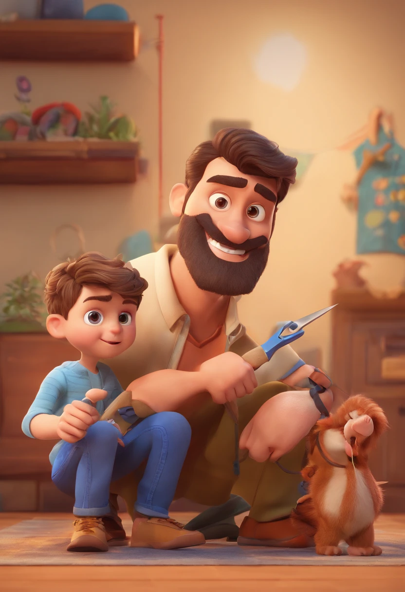 Estilo Pixar: The grown man is holding a naked blue-eyed boy and in his other hand he is holding a pair of scissors and is trying to cut off the boy's testicles,3D Poster,Disney