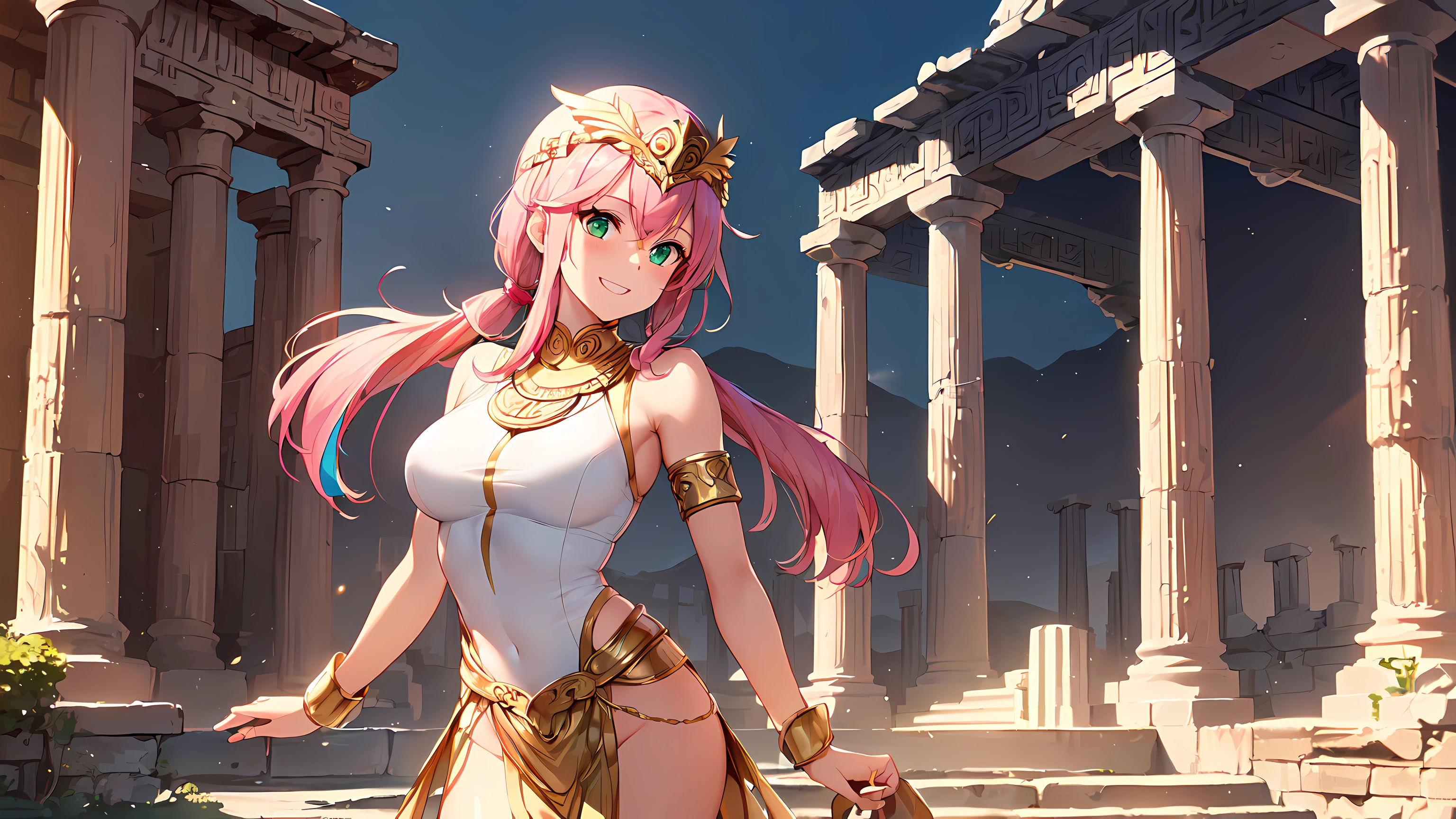 masterpiece, 8k, ultra detailed, 1girl ((20year old, dressed in a tight Olympian goddess outfit, tight white top, gold high heel boots, medium breasts, multicolor pink hair, twin ponytails:1.1, perfect model body, green eyes:1.5, flirting, happy, big smile, looking toward viewer, cosplay as the Greek Goddess Athena:1.3, Mount Olympus and Greek mythology temples in the background, exotic and exciting atmosphere:1.2)) ((solo:1.6))