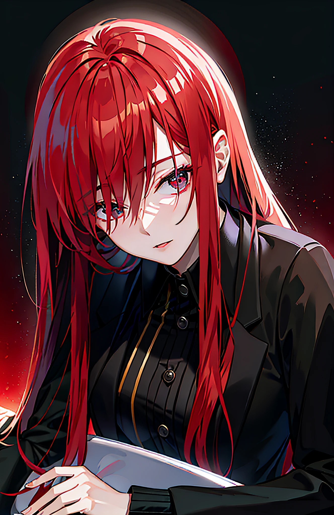 ((Best Quality)), ((Masterpiece)), (detailed) A woman, Purple long hair, an elegant black suit with a tie, blood red eyes, It is in a dark alley with many red threads around ((dark environment)), ((Low light)), ((anime style, ((animation studio)), (extreme closeup)
