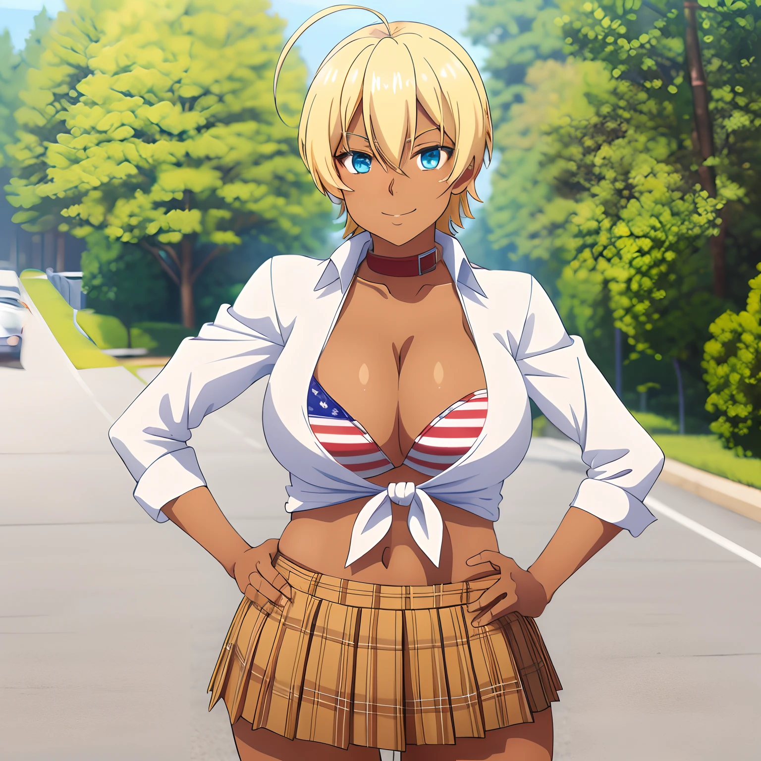 ​masterpiece, top-quality, hight resolution, mi1, darkskinned, blonde  hair, Ahoge, verd s eyes, blue eyess, American flag bikini, plaid skirts, collars, bikini top only, Tied shirt, A smile, cowboy  shot, put hands on the hip, plein air、(anime art style)