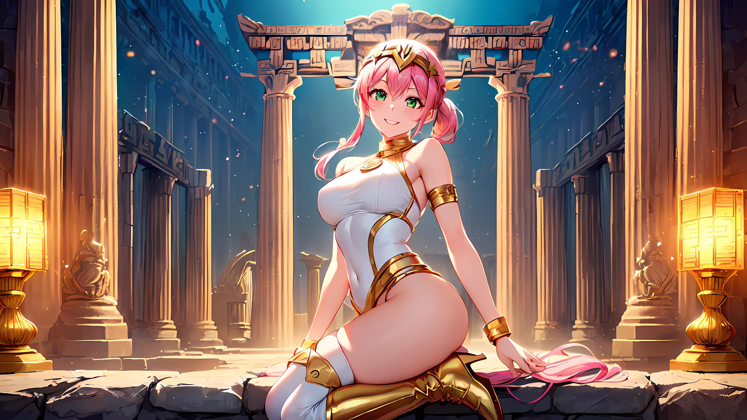 ​masterpiece, 8k, ultra detailed, 1girl ((20year old, dressed in a tight Olympian goddess outfit, tight white top, gold high heel boots, medium breasts, multicolor pink hair, twin ponytails:1.1, perfect model body, green eyes:1.5, flirting, happy, big smile, looking toward viewer, cosplay as the Greek Goddess Athena:1.3, Mount Olympus and Greek mythology temples in the background, exotic and exciting atmosphere:1.2)) ((solo:1.6))