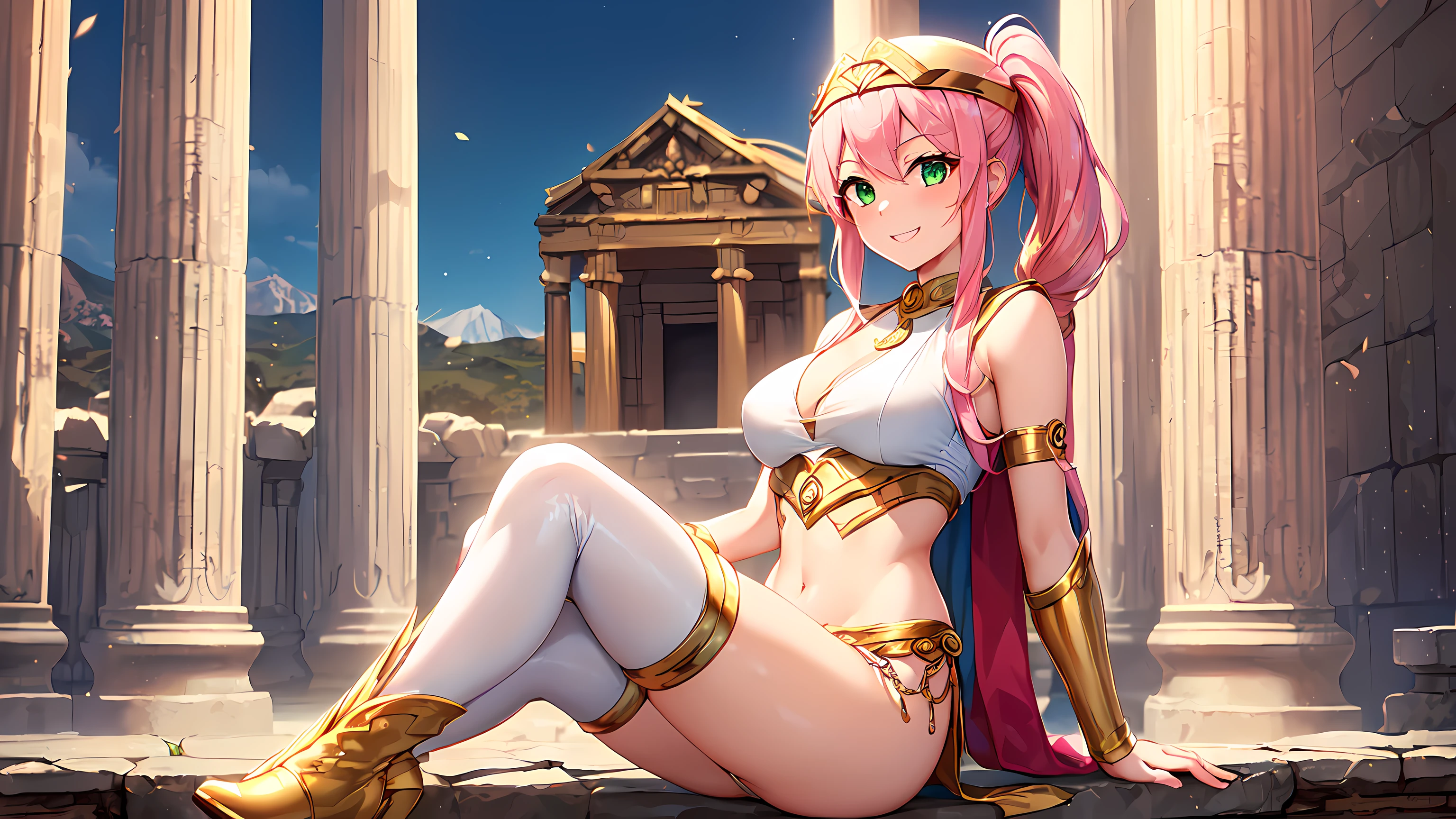 masterpiece, 8k, ultra detailed, 1girl ((20year old, dressed in a tight Olympian goddess outfit, tight white top, gold high heel boots, medium breasts, multicolor pink hair, twin ponytails:1.1, perfect model body, green eyes:1.5, flirting, happy, big smile, looking toward viewer, cosplay as the Greek Goddess Athena:1.3, Mount Olympus and Greek mythology temples in the background, exotic and exciting atmosphere:1.2)) ((solo:1.6))