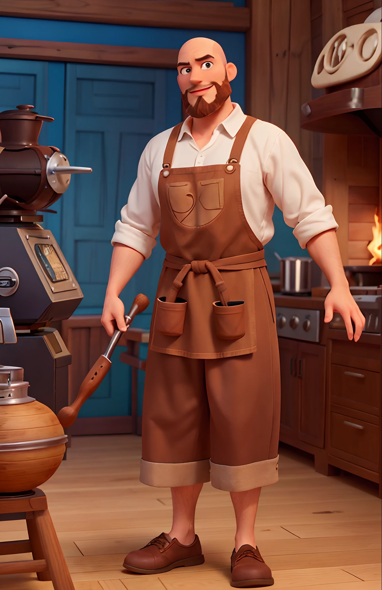 a image 3d pixar disney style movie with a 35-year-old white man, 1.60m tall with brown apron, shaved hair, bald, Italian appearance, with short brown beard and goatee, brown eyes, operating a coffee roaster, rustic environment