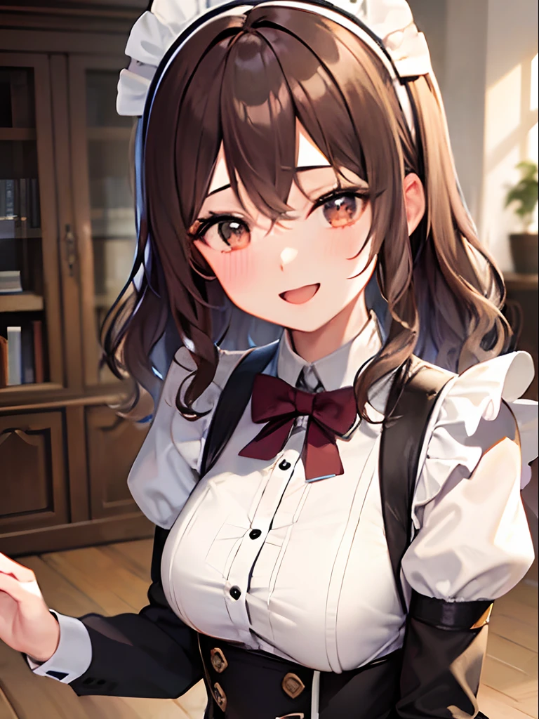 best hands, close up, dynamic pose, a girl, 20 years old, medium hair, brown hair, wavy hair, happy smile, medium chest, brown eyes, maid, long sleeves, indoor, western style house, absurdres, extremely detailed, wallpaper 8k CG