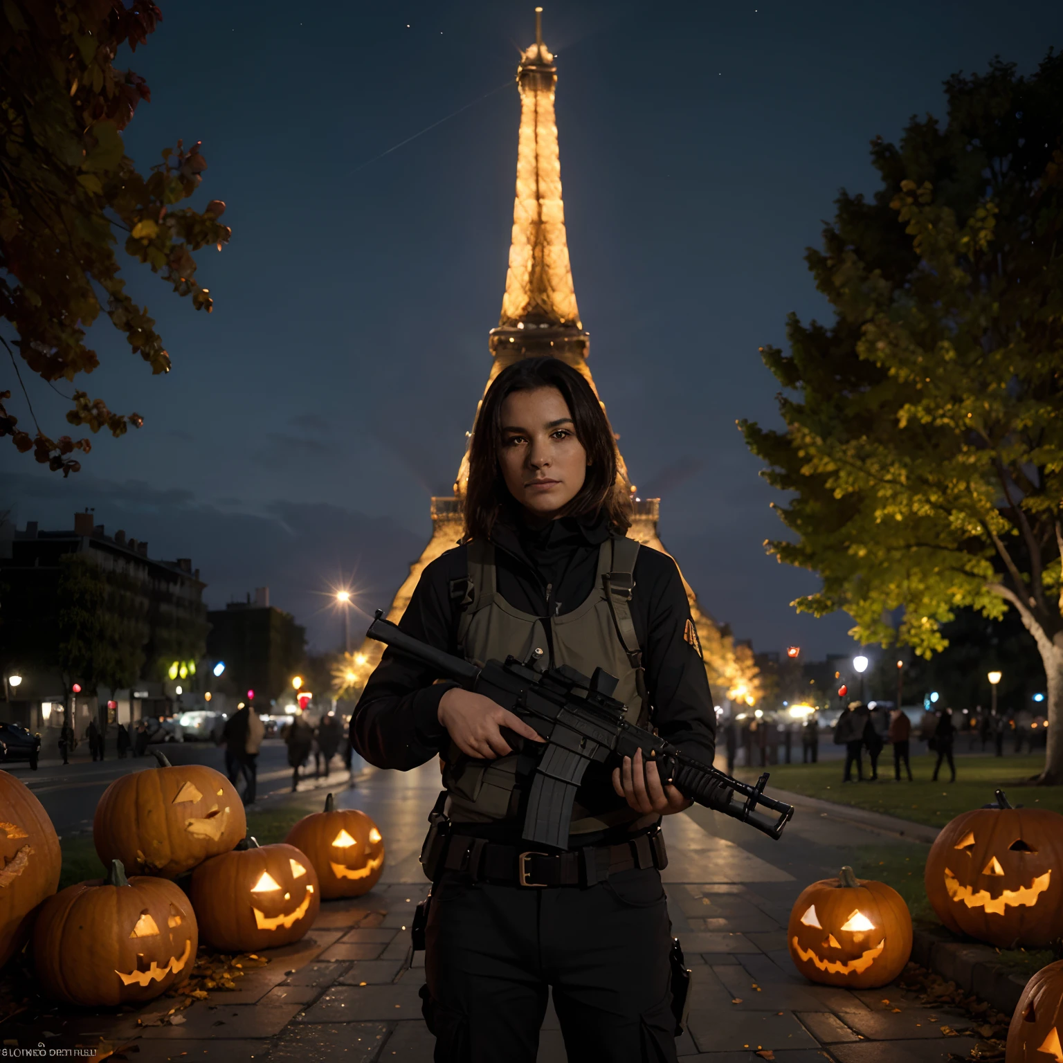 8k , Artwork, Realstic, French soldier,special force, firearm, arme de maintien, fusil FAMAS, halloween, Threatening Disguise,Eiffel Tower decorations, citrouille halloween