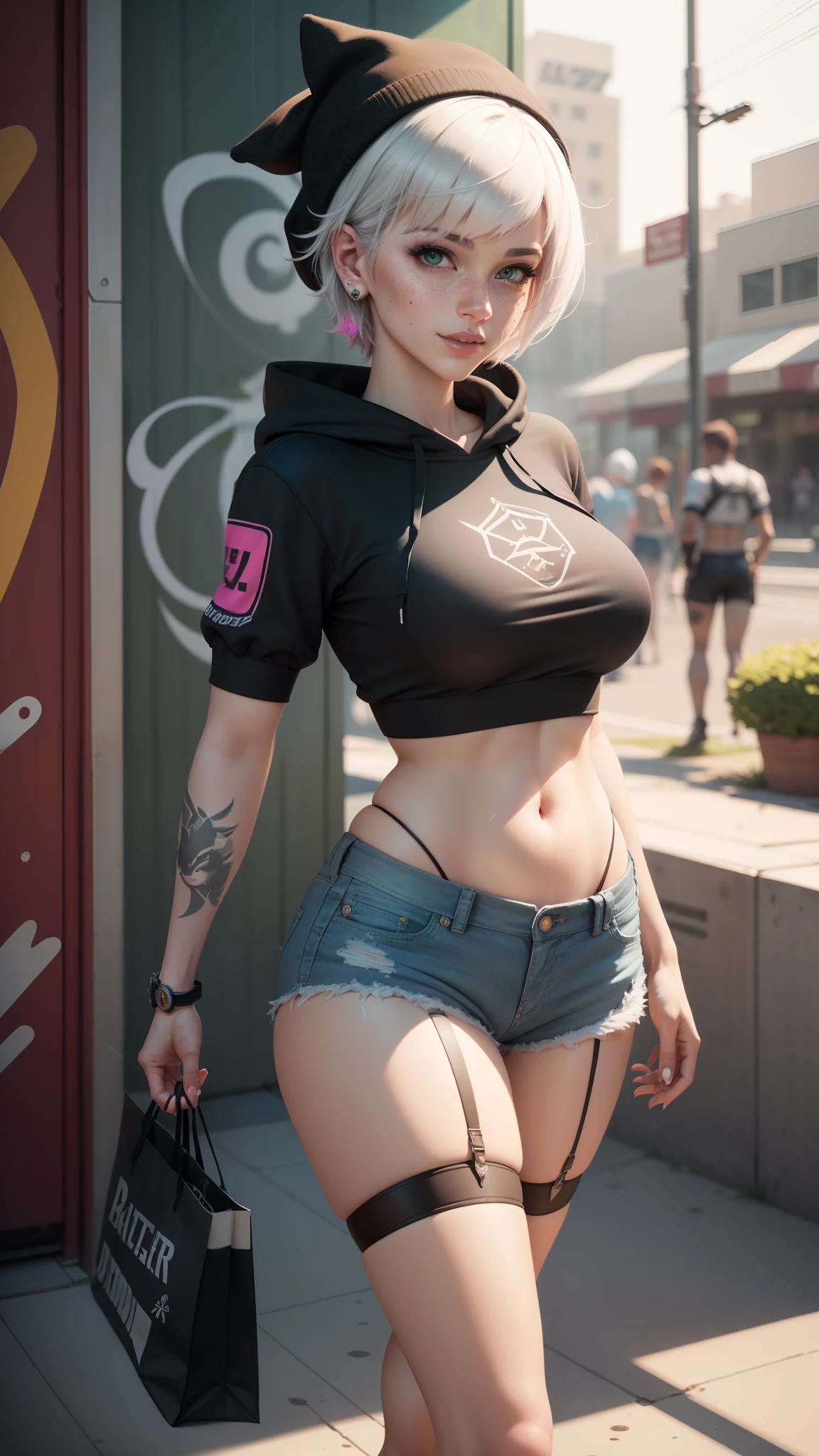 gwen tennyson,tracer,y'shtola rhul,yorha 2b,overwatch,nier automata,mecha pilot,shopping center,tattoos,orange and pink plugsuit,white short sleeve school blouse,white micro school skirt,garter belt, uncovered belly,short hair,punk makeup,green eyes,multicolored silver hair,sexy smile,freckles,beautiful girl,large breasts,8k,ultra detailed, realistic,fantasy art,skater uniform,ear piercings,cyberpunk suit,saiyan girl, pink short sleeve school hoodie,pompom beanie,graffiti wall art,walking,small purse,cute necklace,wet shirt,