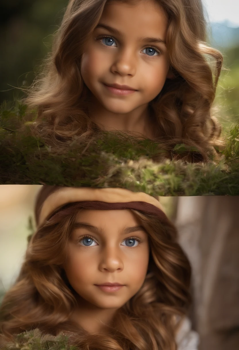 : Miguel, aproximadamente 11 anos de idade, cabelo curto estilo Disney, olhos pretos e sorrisos. garota: Giovana, 9 anos, longos cabelos pretos e olhos pretos. garota: Pamela 14 ano hair light brown scenery: Miguel and Giovana are in a cozy little house in the valley, ao fundo um dia ensolarado, Destacando o Sol.
