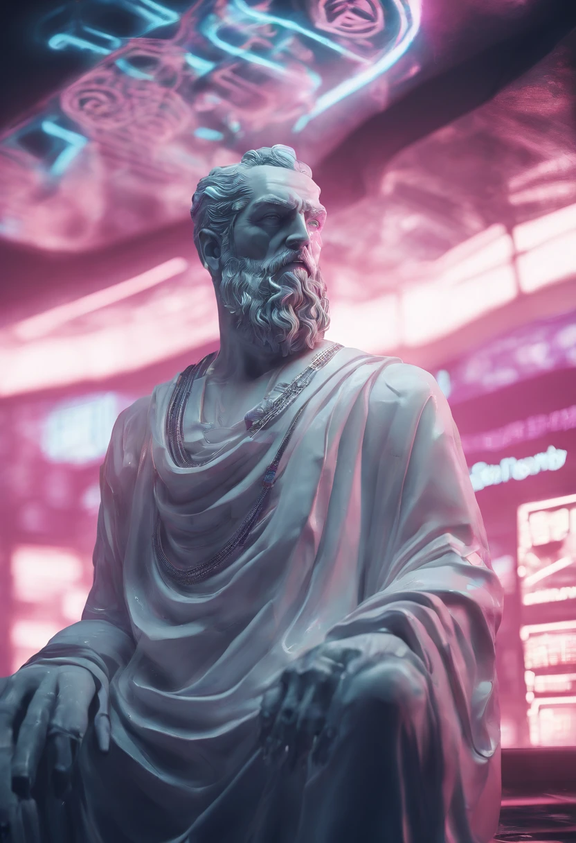 White marble statue of the bust of the wise man with the style of the bearded Greek philosopher in the museum. atmosfera escura, alto contraste de luz e sombra, fotografia profissional, utrarealista, light volumetric, cinemactic