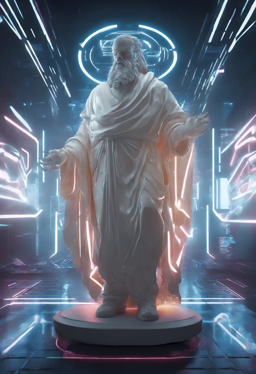White marble statue of the bust of the wise man with the style of the bearded Greek philosopher in the museum. atmosfera escura, alto contraste de luz e sombra, fotografia profissional, utrarealista, light volumetric, cinemactic