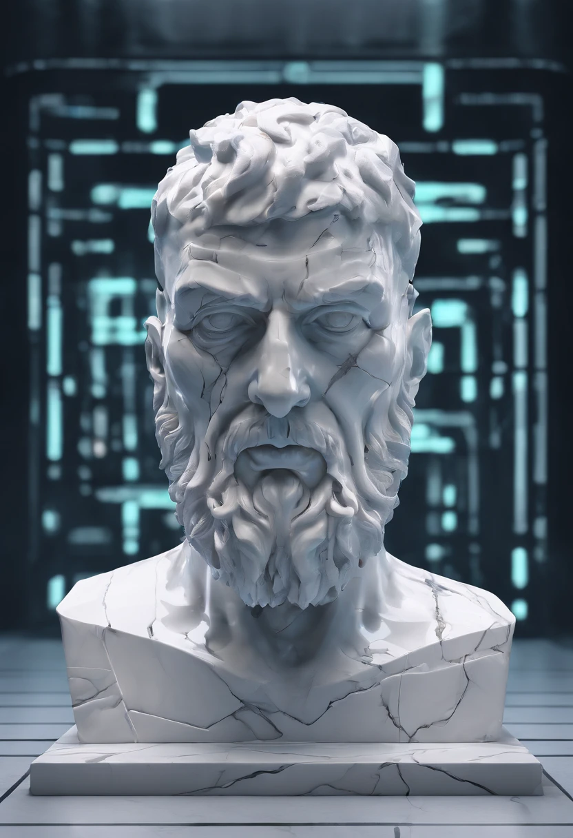 White marble statue of the bust of the wise man with the style of the bearded Greek philosopher in the museum. atmosfera escura, alto contraste de luz e sombra, fotografia profissional, utrarealista, light volumetric, cinemactic