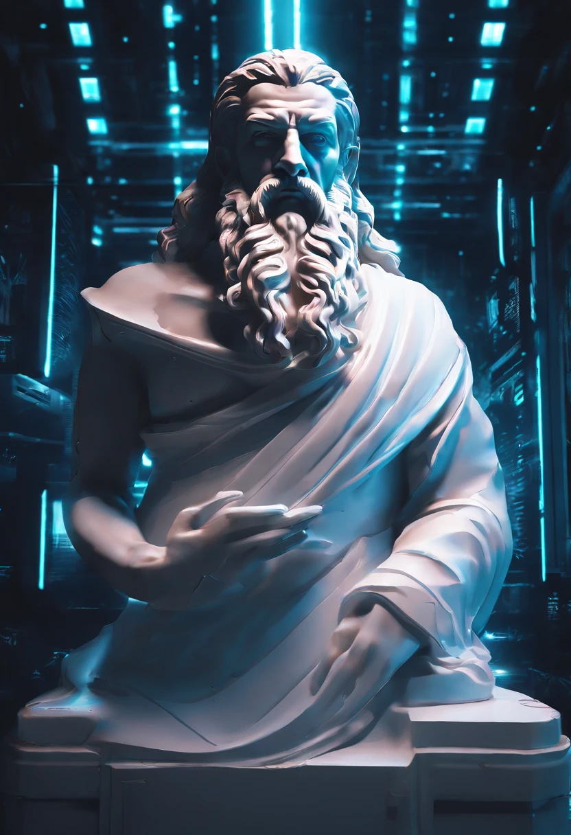 White marble statue of the bust of the wise man with the style of the bearded Greek philosopher in the museum. atmosfera escura, alto contraste de luz e sombra, fotografia profissional, utrarealista, light volumetric, cinemactic