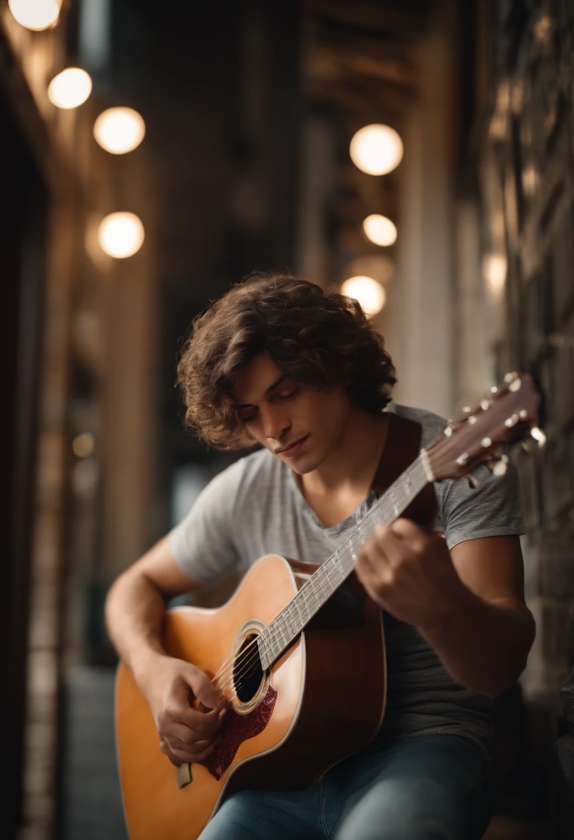 homem jovem de 23 anos, cabelo curto com um topete na frente, rosto fino, com cavanhaque, olhos castanhos, camisa branca, jeans and white tennis pants, tocando guitarra em show de rock pixar 3D