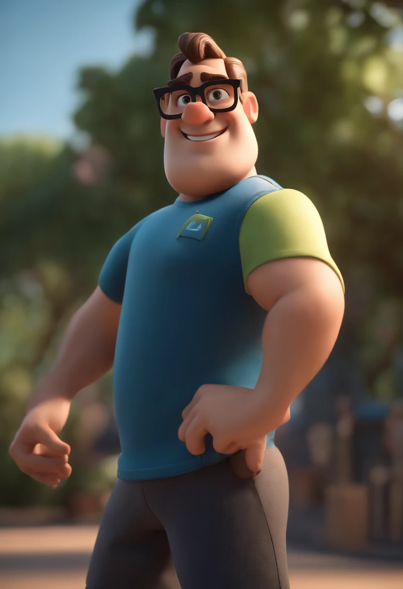 Cartoon character of a man wearing black glasses and a blue shirt, um personagem animado, Caractere estilizado, animation style rendering, 3D estilizado, Arnold Maya render, 3 d render stylized, toon render keyshot, Personagem 3D, Personagem 3D, 3d rendering stylized, 3 d character render, personagem de desenho animado, Personagem de close up, Pose de personagem, (Estilo Pixar) (master part:1.2) (Bokeh) (best quality) (pele detalhada) (textura detalhada) (8k) (argila) (Cinematic lighting) (foco nítido,Senta e vaza a parte superior do corpo