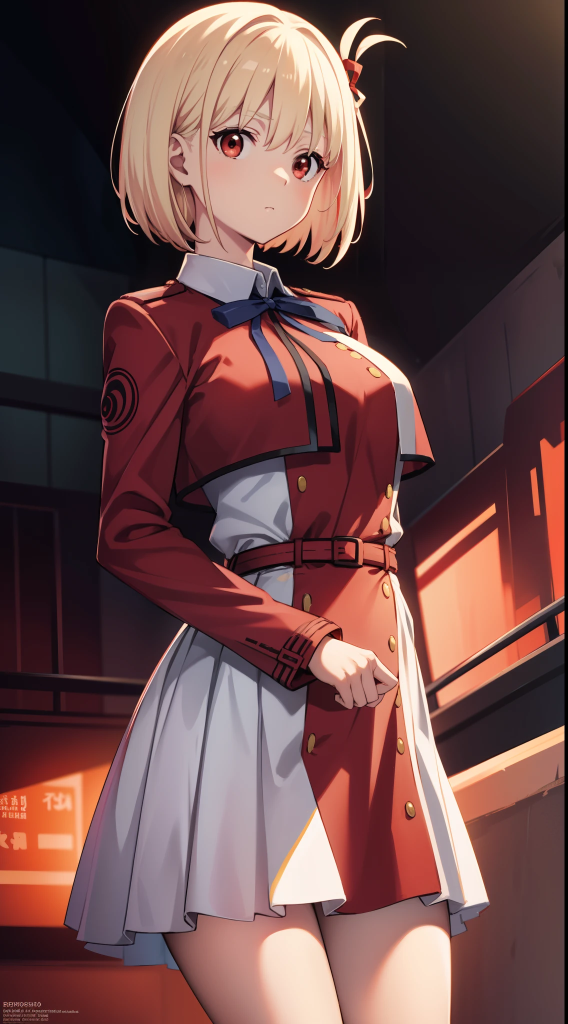 Thousands of miles of brocade,  large breasts,  wide hips, Chisato Nishiki, Short hair, bangs, Blonde hair, (Red eyes:1.5), Hair ribbon, one side up, Bob cut,
BREAK  shirt, Long sleeves, dress, ribbon, White shirt, Collared shirt, belt, Neck ribbon, Red dress, Blue ribbon, Pleated dress, grey dress, Two-tone dresses, Red belt, Lycoris Uniform,,
BREAK solid color background,
BREAK looking at viewer, Break (Masterpiece:1.2), Best quality, high resolution, Unity 8k wallpaper, (illustration:0.8), (Beautiful detailed eyes:1.6), Extremely detailed face, Perfect lighting, Extremely detailed CG, (Perfect hands, Perfect anatomy),