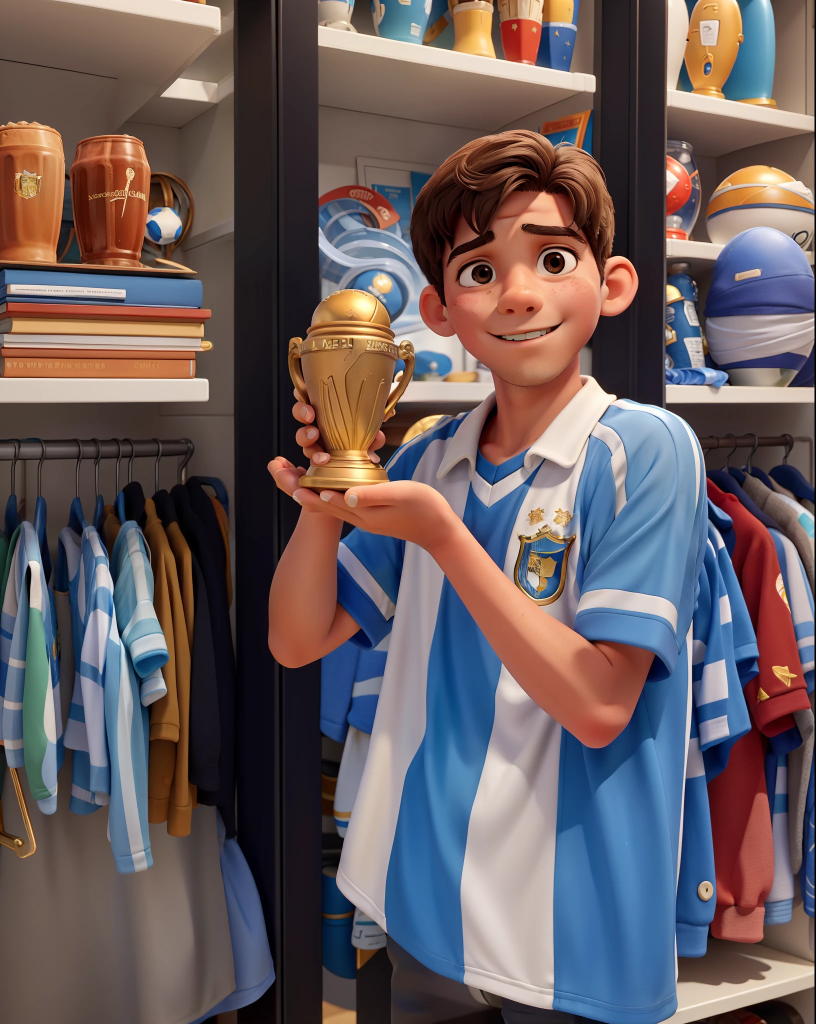 Leo, loiro, de 10 anos, dressed in argentina jersey and holding a mini World Cup trophy