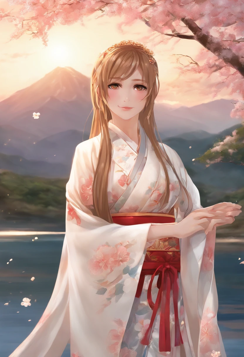 Asuna, masutepiece, Best Quality, Detailed, (1girl in), Solo, Detailed golden eyes, Long hair, Standing, close to viewer, (detailed kimono), lightsmile, medium breasts, (arms behind back), Water, Sunset, (Hair Ornament), (cherryblossom), snow mountain lake in the background