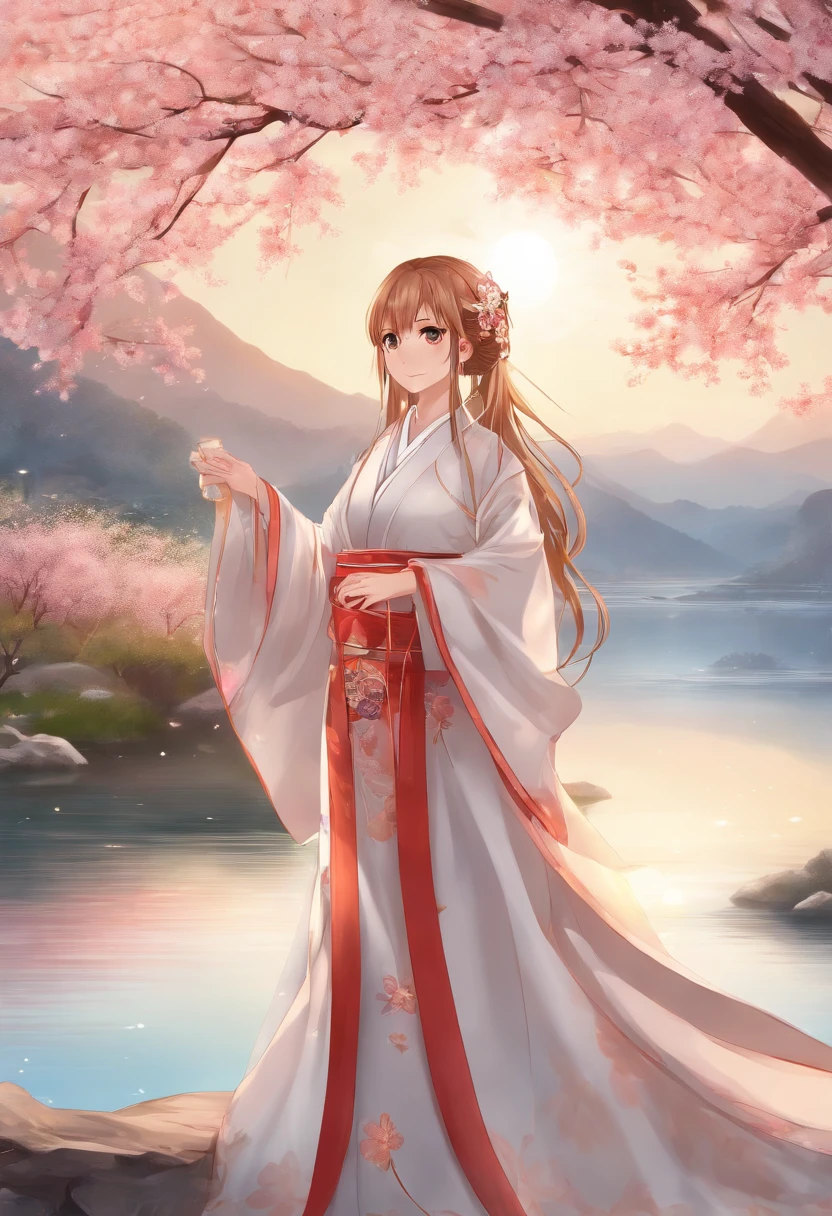 Asuna, masutepiece, Best Quality, Detailed, (1girl in), Solo, Detailed golden eyes, Long hair, Standing, close to viewer, (detailed kimono), lightsmile, medium breasts,  (arms behind back), Water, Sunset, (Hair Ornament), (cherryblossom),  snow mountain lake in the background