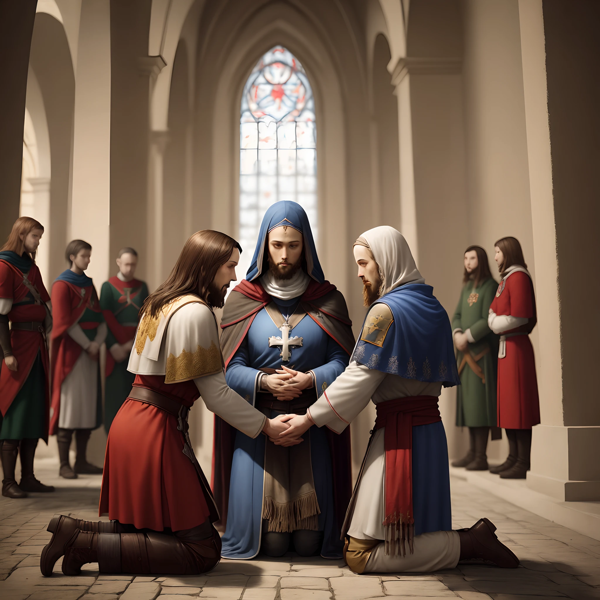Templars kneeling in front of glorious Jesus Christ
