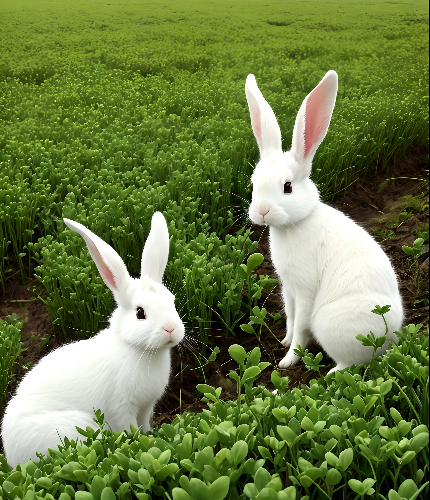 albino rabbit in field of clovers