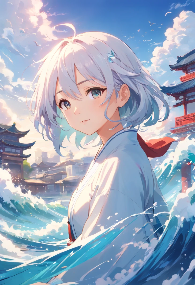 ((Masterpiece,Best quality)),(1girll, Solo:1.4),美丽细致的眼睛,floated hair,white backgrounid,Buble,Fluorescence,Water made up of girls,Gorgeous Chinese costumes,clean backdrop,National tide wind,clouds,wave,Eau,wave,Water Technique,1girll,Flying long hair,florals,An oriental dragon composed of water,Cyan and white,Works of masters,HighestQuali,high detal,8K , white hair , closing eyes