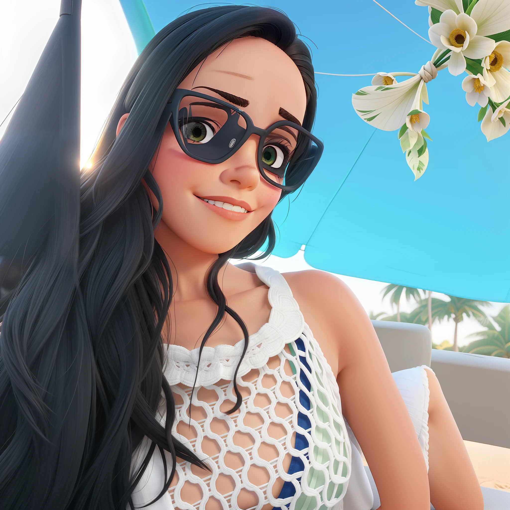 Loli linda chica negra, Cabello atascado, cabello suelto, big tits, Accesorios modernos , gafas, Ojos detallados, Sonrisa detallada, ((nude)), Pose beach, Detalles detallados, Showing your back to the bed, holographic, Fondo claro y simple