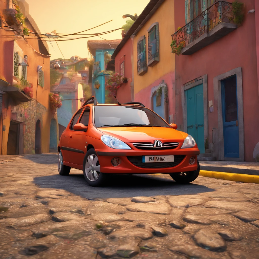 Make a Disney Pixar-style picture, em 3d de um carro Peugeot 206 na cor prata dentro de uma favela. Do lado tenha escrito paraisopolis em um outdoor
