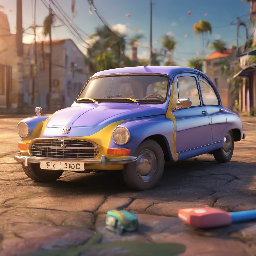Make a Disney Pixar-style picture, em 3d de um carro Peugeot 206 na cor prata dentro de uma favela. Do lado tenha escrito paraisopolis em um outdoor