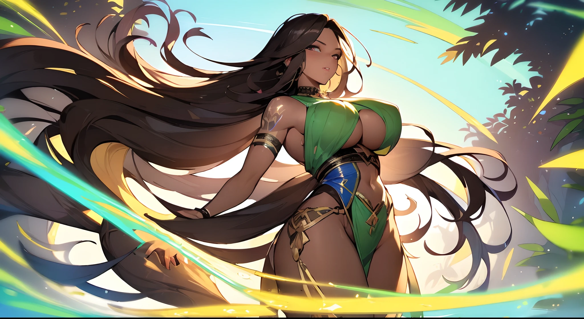 (dark brown skin:1.6), (color full dress:1.2), Wild Xavante India, extreme tanned skin, extreme long black straight hair messes over naked boobs, huge macaw blue parrot feather headdress, big cheeks, long legs, curvy, indigenous yellow and green breast painting, breast painted blue and yellow, indigenous yellow and green facial painting, huge macaw blue parrot feather necklace, honey eyes, (tatto on boobs:1.4), naked, full body image centered around the buxom young miller's exceptionally attractive with big breast and reavling exposed cleavage with wide hips and narrow waist and exuding an alluring and voluptuous physique that radiates warmth and sensuality, gisele bundchen, cheerfull and happy expression on her face, hyper-realistic photography portrait with rainbow vivid skimpy clothes,(breast tattoo:1.2), delicahyper realistic photography portrait with rainbow colorful vivid skimpy clothes, gal gadot (very sexy:1.2) ,beautiful lips,detailed large eyes, Her eyes are a striking and inviting feature, realistic body details scar and fracture, extreme abnormally huge boobs, erotic fantasy, The image evokes feelings of sensuous eroticism, te and tranquil flower princess with soft hair dancing in the wind and intricately braided. Her sweet face has puffy, kissable lips and stunning, highly realistic eyes, hires eyes, 8k eyes, beautiful detail eyes, realistically shaded eyes, and realistic eyes in vibrant colors. She is wearing delicately detailed colourful fabric of gossamer silk and satin, midst of the most beautiful meadow in the world and is surrounded by beautiful flowers of varying sizes and colors, with delicate flowers dancing in the wind and creating a dynamic and compelling image