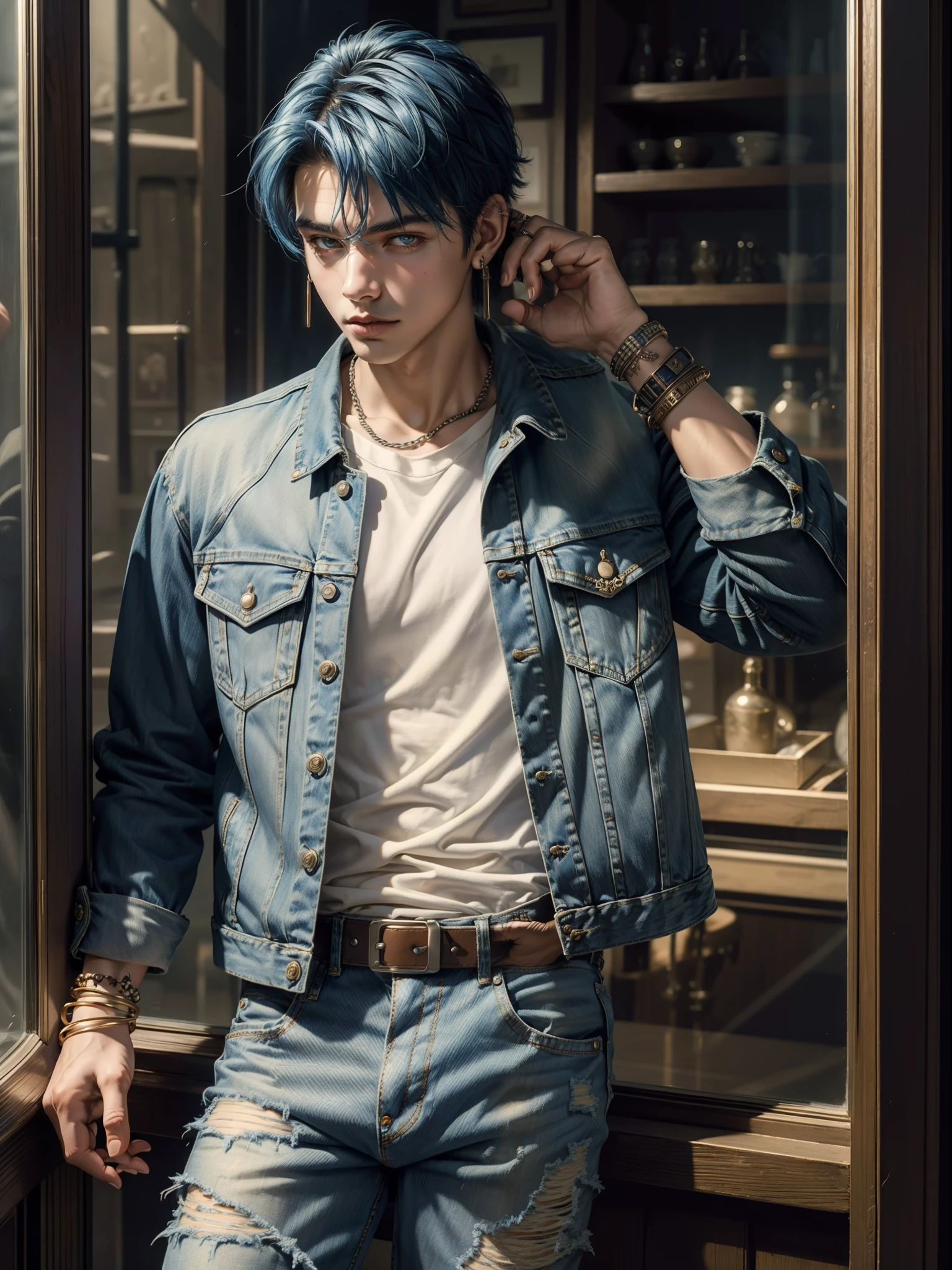 Masterpiece, intricate details, A handsome young boy, rocker denim jacket, denim pants, leather bracelet, wire necklaxe, big earring, Pose leaning against the glass, short blue hair