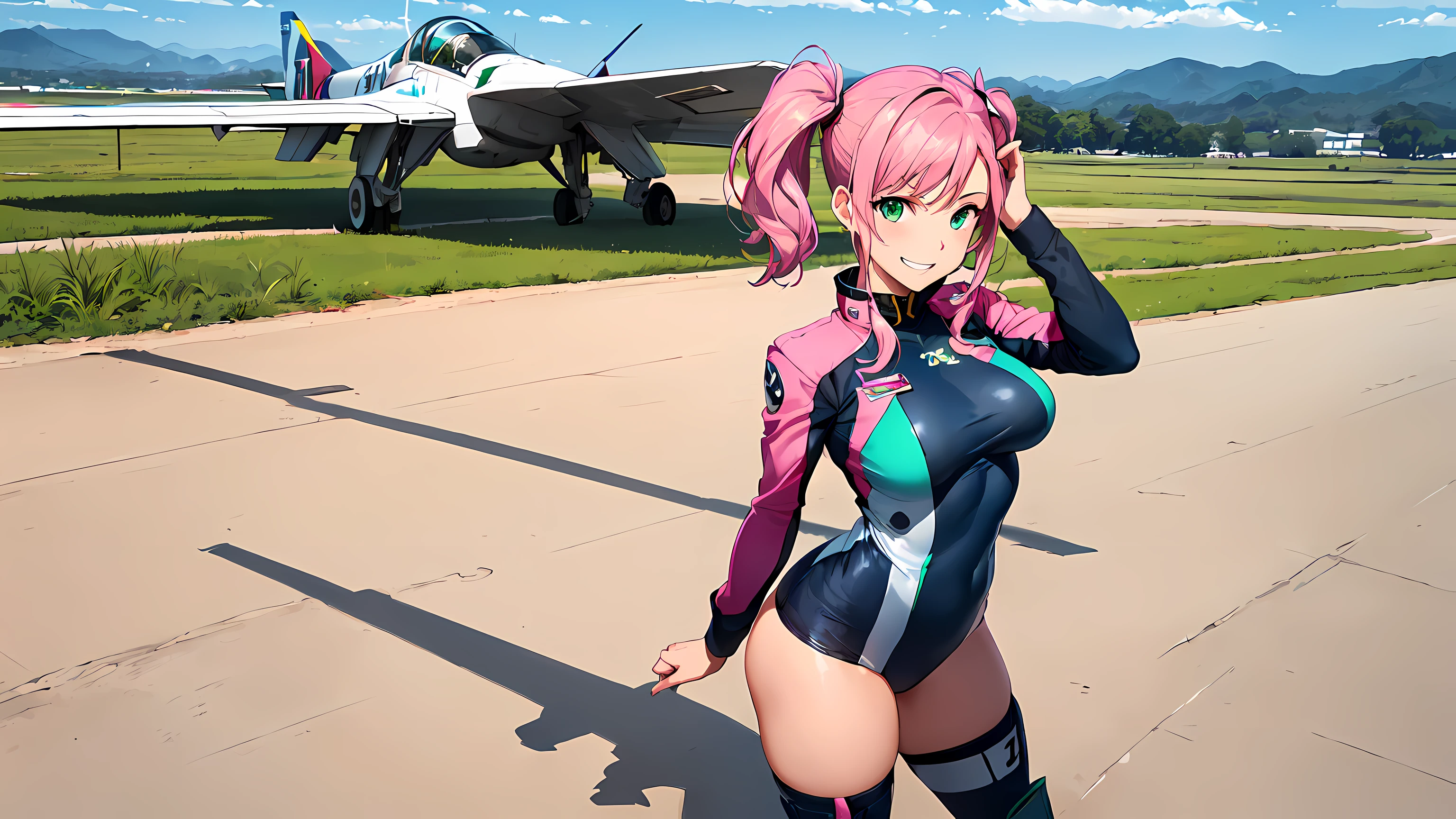 ​masterpiece, 1girl ((20year old, dressed as a MACROSS Valkyrie Pilot, tight outfit, boots, medium breasts, multicolor pink hair, twin ponytails:1.1, perfect model body, green eyes:1.5, flirting, happy, big smile, cosplay as MACROSS Valkyrie Pilot:1.3, Standing on a Airstrip:1.2, Airstrip in the background:1.2, Heroic and exciting atmosphere:1.2)) ((solo:1.6))