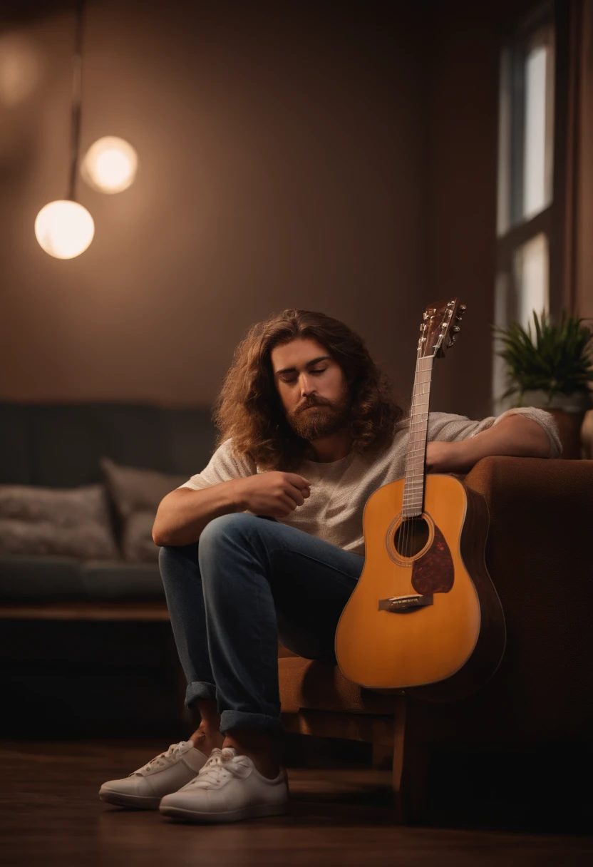 homem jovem de 23 anos, de cor branca pardo, cabelo, rosto fino, com barba cavanhaque, olhos castanhos, magro, camisa branca, jeans and white tennis pants, tocando guitarra em show de rock pixar 3D