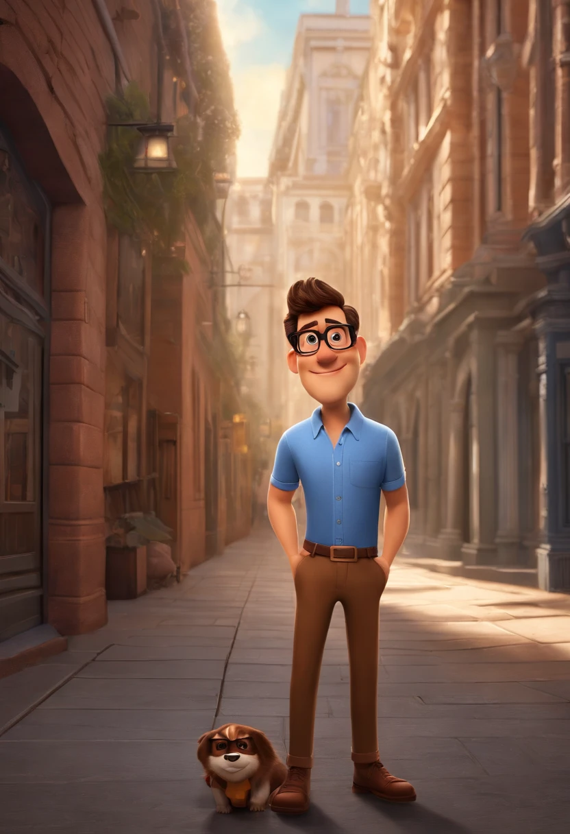 A city councilman looking at a dream project inspired by Pixar animation, de perto. The character takes center stage with captivating facial expressions, oferecendo um toque de irrealidade