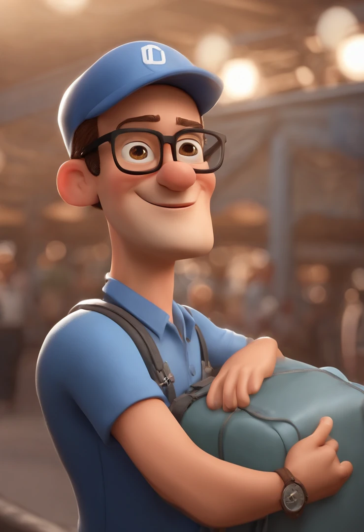 Personagem de desenho animado de um homem de 40 anos, engenheiro, wearing silver-rimmed glasses and a blue shirt, um personagem animado, caractere estilizado, Pose de personagem, Estilo Pixar, In the background there is a maintenance yard for subway trains