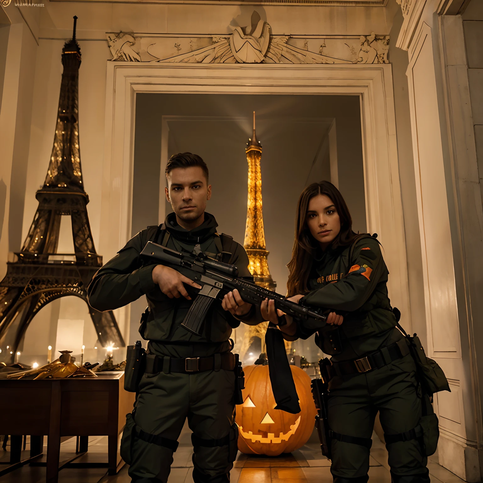 8k , quality, Artwork,arme , fusil d'assaut FAMAS, drapeau français, citrouille halloween, soir, décors la tour Eiffel, drapeau français