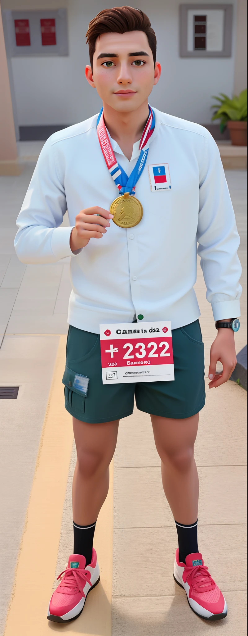 Homem de camisa branca e bermuda verde segurando uma medalha, Foto de capa, foto de um espectador, 2 0 2 4, 2024, 2023, 2 0 2 3, foto de 2022, 2022, 2 0 2 2, 2 0 2 2 foto, 2 0 2 0, 2020