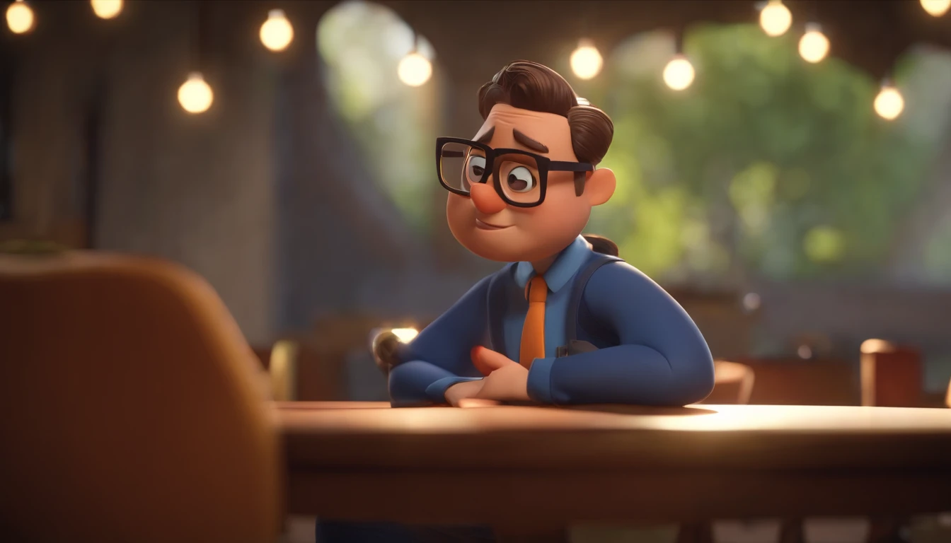 Cartoon character of a man wearing black glasses and a blue shirt, um personagem animado, Caractere estilizado, animation style rendering, 3D estilizado, Arnold Maya render, 3 d render stylized, toon render keyshot, Personagem 3D, Personagem 3D, 3d rendering stylized, 3 d character render, personagem de desenho animado, Personagem de close up, Pose de personagem, (Estilo Pixar) (master part:1.2) (Bokeh) (best quality) (pele detalhada) (textura detalhada) (8k) (argila) (Cinematic lighting) (foco nítido，Senta e vaza a parte superior do corpo