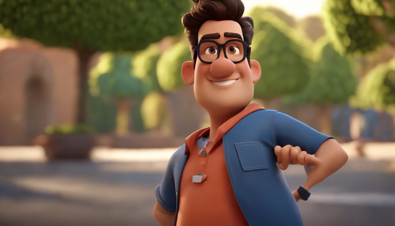 Cartoon character of a man wearing black glasses and a blue shirt, um personagem animado, Caractere estilizado, animation style rendering, 3D estilizado, Arnold Maya render, 3 d render stylized, toon render keyshot, Personagem 3D, Personagem 3D, 3d rendering stylized, 3 d character render, personagem de desenho animado, Personagem de close up, Pose de personagem, (Estilo Pixar) (master part:1.2) (Bokeh) (best quality) (pele detalhada) (textura detalhada) (8k) (argila) (Cinematic lighting) (foco nítido，Senta e vaza a parte superior do corpo