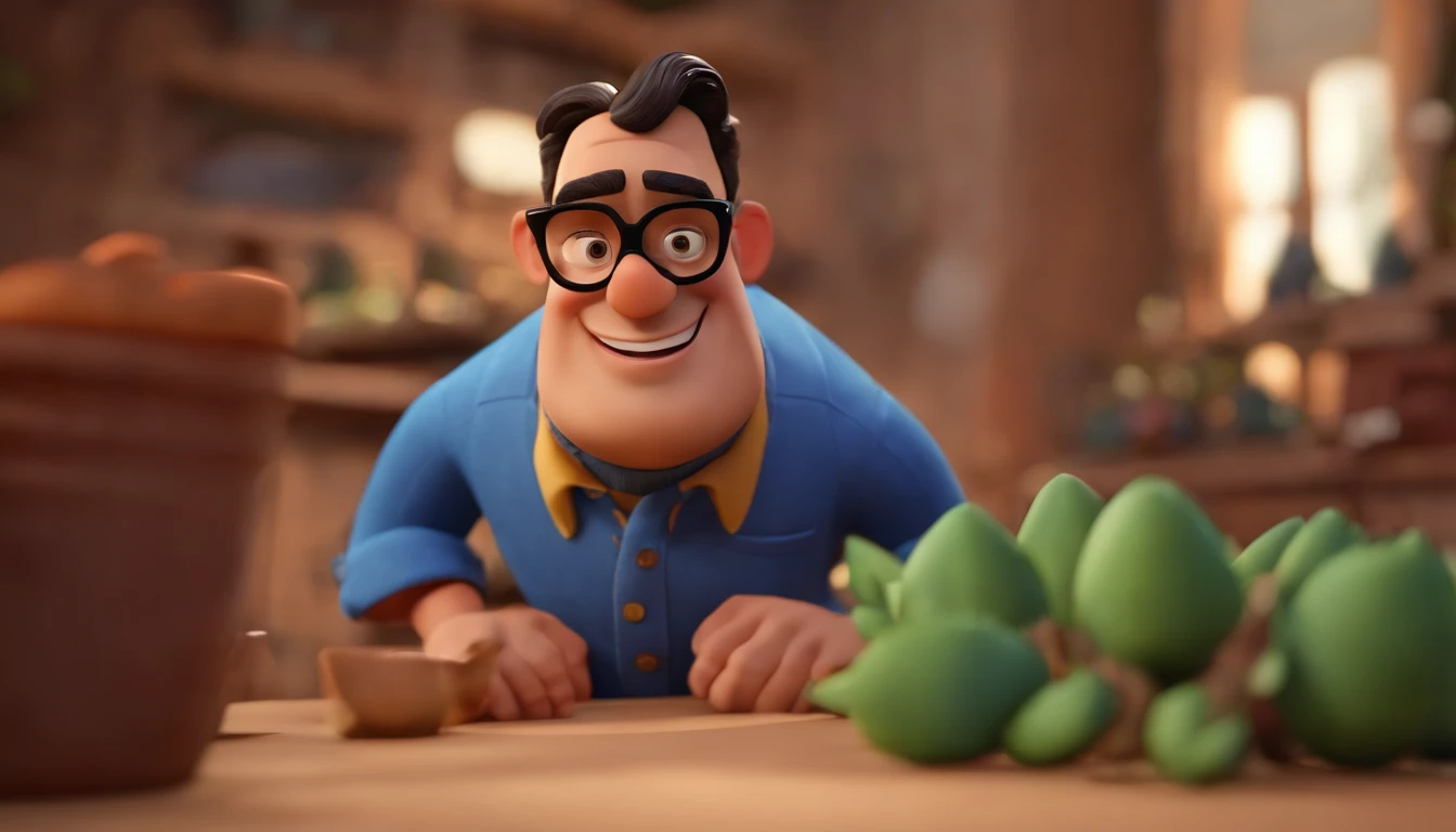 Cartoon character of a man wearing black glasses and a blue shirt, um personagem animado, Caractere estilizado, animation style rendering, 3D estilizado, Arnold Maya render, 3 d render stylized, toon render keyshot, Personagem 3D, Personagem 3D, 3d rendering stylized, 3 d character render, personagem de desenho animado, Personagem de close up, Pose de personagem, (Estilo Pixar) (master part:1.2) (Bokeh) (best quality) (pele detalhada) (textura detalhada) (8k) (argila) (Cinematic lighting) (foco nítido,Senta e vaza a parte superior do corpo