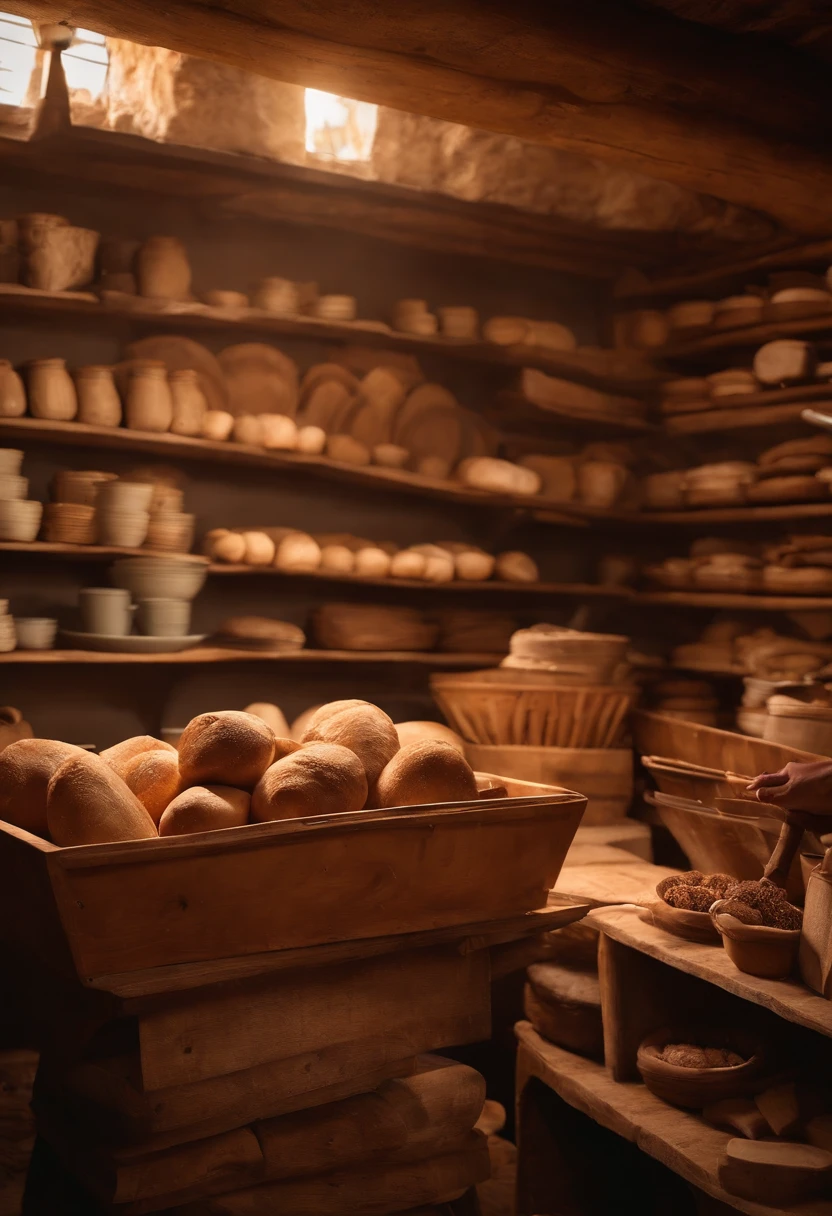 bancada de trabalho de uma padaria. sobre a mesa farinha em sacos de papel, rolo de massa de madeira, a wooden shovel for furnace. ao fundo um forno a lenha com fogo dentro. On the shelf next to baked breads, baquetes, lodes, bastards. disney pixar, melhor qualidade, alta qualidade.