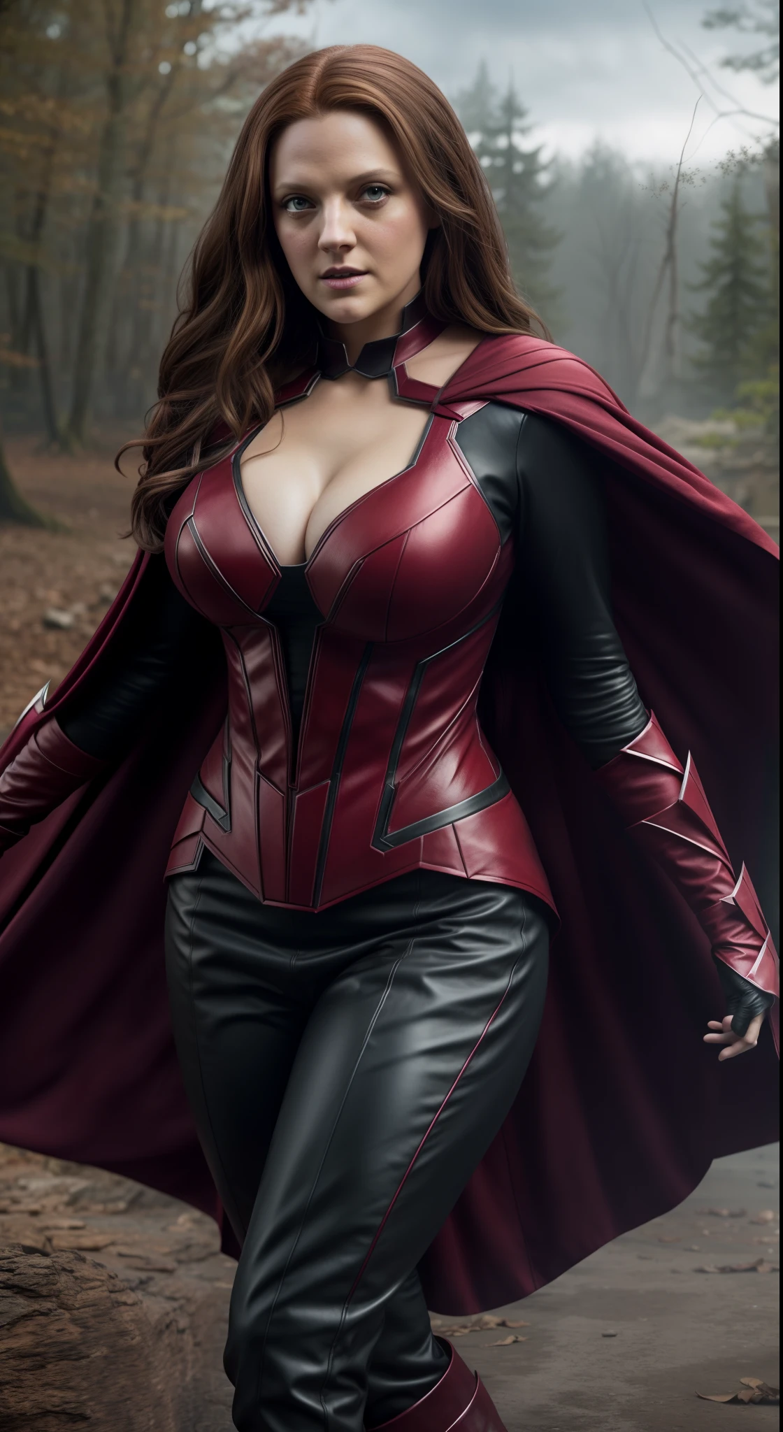 Scarlet Witch Played Elizabeth Moss, detailed eyes, scarlet witch costume, thick body, big Perky breast, big natural breast, thick hips, tight costumes, from Marvel Comics, fantasy setting, Dynamic poses, Marvel Universe Background, mysterious world background, Character concept, character art, Character portrait, tmasterpiece, beste-Qualit, best resolution, 8K