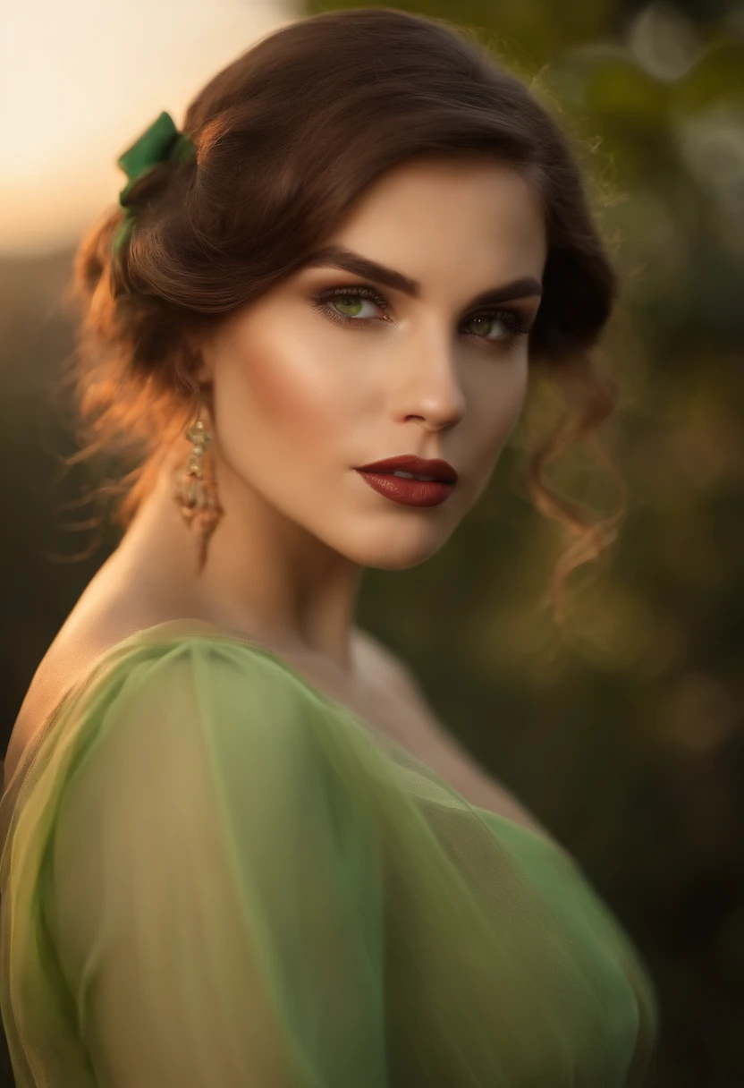 Mulher adulta jovem, medium brown hair, olhos verdes claros, with a bow in her hair, large lips, professora com jaleco escrito Thays