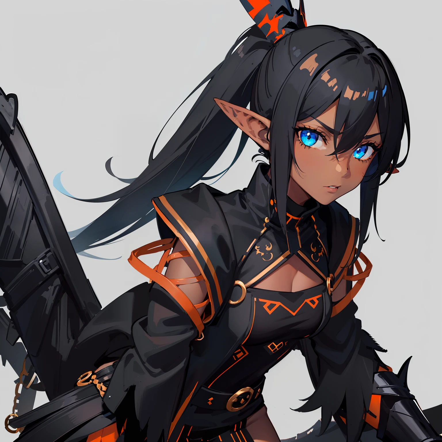 1girl , (((Dark Skin)))), Black Hair with Ponytail, (((Blue Eyes))), ((Black Metallic Gauntlets and Greaves with Orange and Silver Highlights)), (((The Clothes Have a Mix of Modern and Tribal))), (((The Clothes Have a Mix of Modern and Tribal))), having mostly the color black, but having parts in orange, shoulders exposed, at the hip a shorts that extend to half of the thigh of black color. ((Black Overcoat with a orange inner part)) absurd res, best res, high res, best face, best eyes, (((Dragon Tail))), ((Elf Ears))