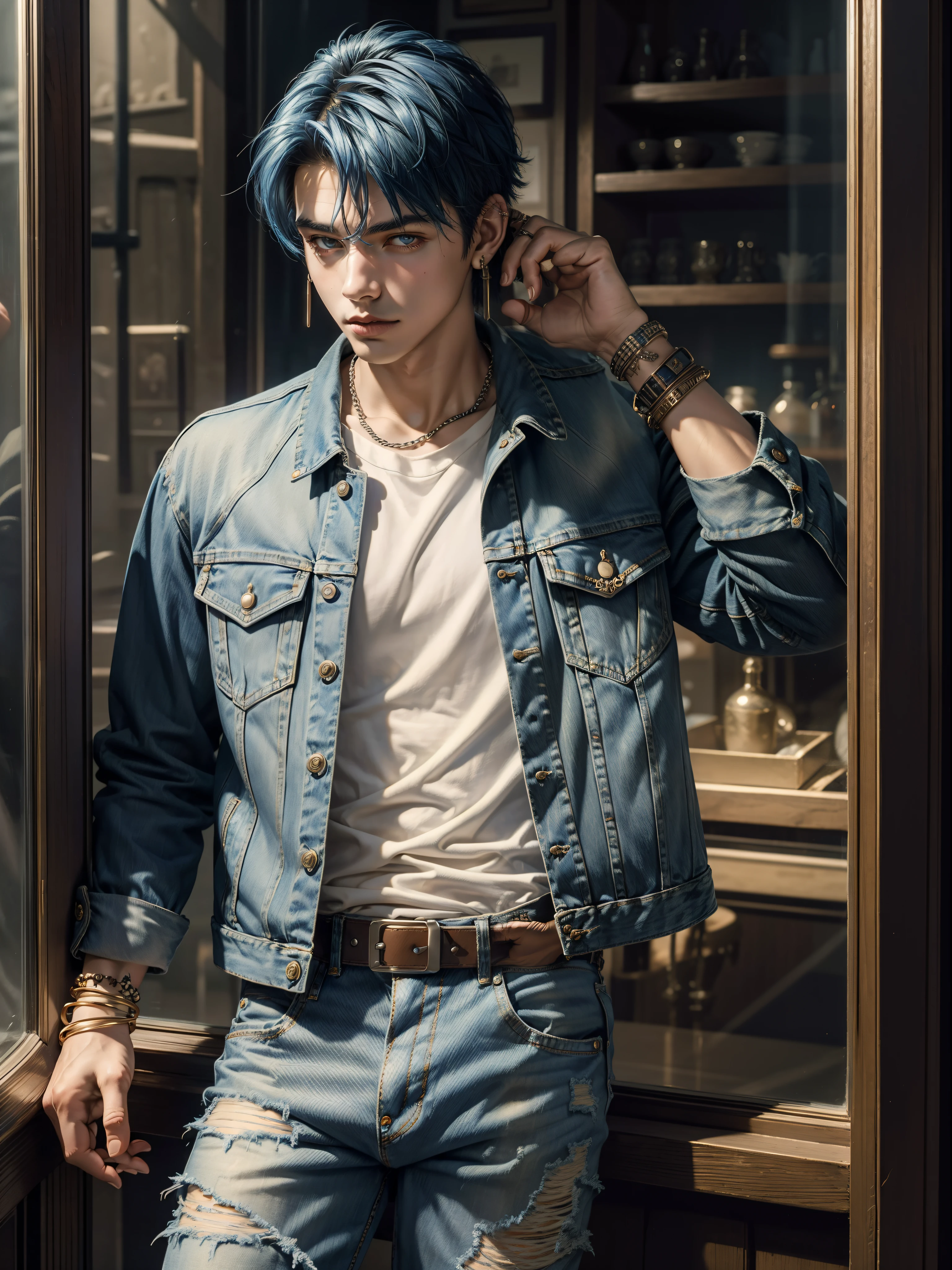 Masterpiece, intricate details, A handsome young boy, rocker denim jacket, denim pants, leather bracelet, wire necklaxe, big earring, Pose leaning against the glass, short blue hair