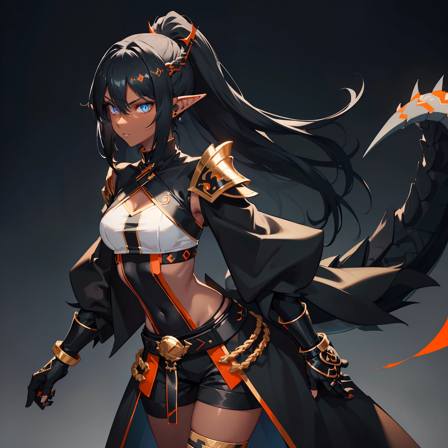 1girl , (((Dark Skin)))), Black Hair with Ponytail, (((Blue Eyes))), ((Black Metallic Gauntlets and Greaves with Orange and Silver Highlights)), (((The Clothes Have a Mix of Modern and Tribal))), (((The Clothes Have a Mix of Modern and Tribal))),  having mostly the color black, but having parts in orange, shoulders exposed, at the hip a shorts that extend to half of the thigh of black color. ((Black Overcoat with a orange inner part)) absurd res, best res, high res, best face, best eyes, (((Dragon Tail))), ((Elf Ears))